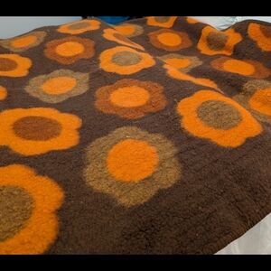 Vintage Tetem Holland Pure New Wool Blanket Orange Brown Mod Floral